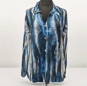 Top Ligne Medium Lagenlook Artsy Blue Tie Dye Luxe Knit Button Down Tunic